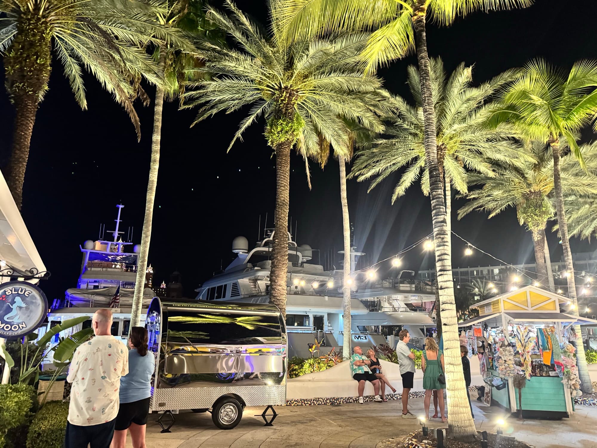 Lil' Shiny, the Bahama Chow food truck, parked near the marina at night