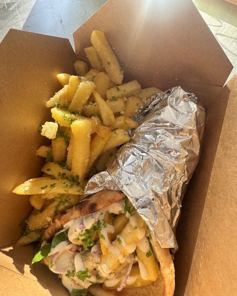A wrapped gyro beside a box of seasoned fries